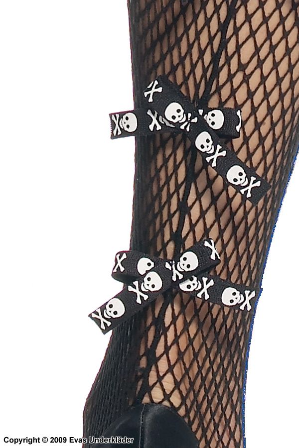 Thigh high stockings with skull bows in fishnet